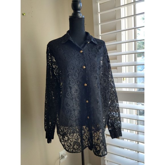 Vintage Fritz & Lloyd Black Long Sleeve Button Up Sheer Top Size 14 - Picture 1 of 8